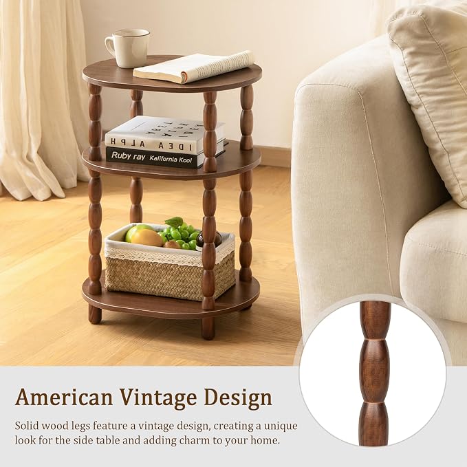 MaxSmeo Small Side Table, 3-Tier Small End Table, Modern Oval Night Stand Accent Table for Living Room, Bedroom, Walnut Brown