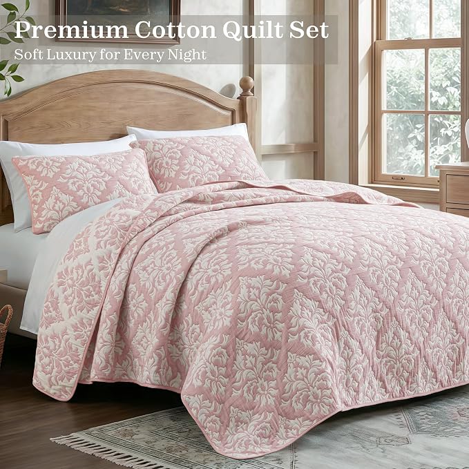 Exclusivo Mezcla Cotton Quilts Queen Size Pink | Soft Lightweight Bedspread, Breathable Prewashed Yarn Dyed Muslin, All Season Bedding Set, Boho Coverlet With 2 Pillow Shams