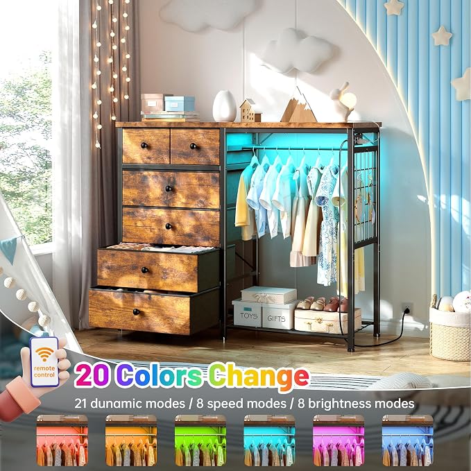EnHomee 49.2" W Dresser with Hanging Rack & 6 Drawers, Grid Panel & 4 Hooks | Featuring LED Lights and Charging Station, Wooden Top Organize Unit for Bedroom, Chest of Drawers with Steel Frame, Brown