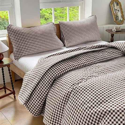 NSNLGSGC Mocha Gingham Queen Summer Bedspread Quilt Set | Pre-washed Microfiber,Lightweight Checked Grid Bedding Coverlets for All Seasons