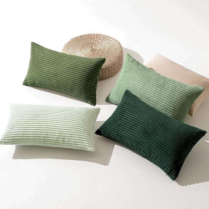 MIULEE Soft Corduroy Decorative Lumbar Pillow Covers Forest Green 12x20 | Set of 4, Mordern Nordic Home Decor, Green Gradient Matching, Boho Farmhouse Throw Pillows for Couch Bed Sofa Living Room