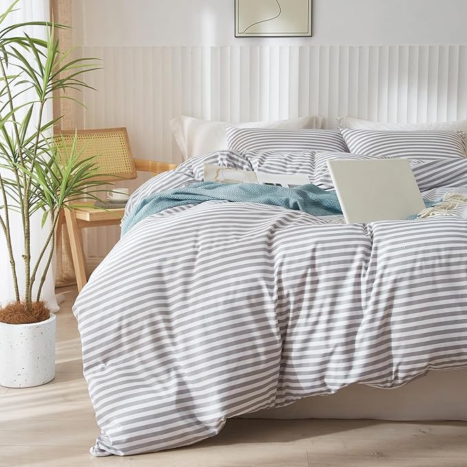 LifeTB Queen Comforter Set Grey White Stripes Comforter 3 Pieces Fluffy Soft Lightweight Bedding Comforter for All Season Down Alternative Comforter Boho Farmhouse Bedding Striped Comforter Set