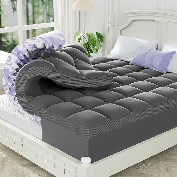 Dual Layer 5 Inch Memory Foam Mattress Topper Full | 3 Inch Pillow Top Mattress Pad Cover and 2 Inch Gel Memory Foam, 7-Zone Egg Crate & 2-in-1 Design (Gray)