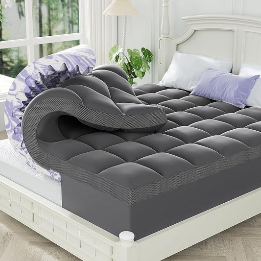 Dual Layer 5 Inch Memory Foam Mattress Topper Full | 3 Inch Pillow Top Mattress Pad Cover and 2 Inch Gel Memory Foam, 7-Zone Egg Crate & 2-in-1 Design (Gray)