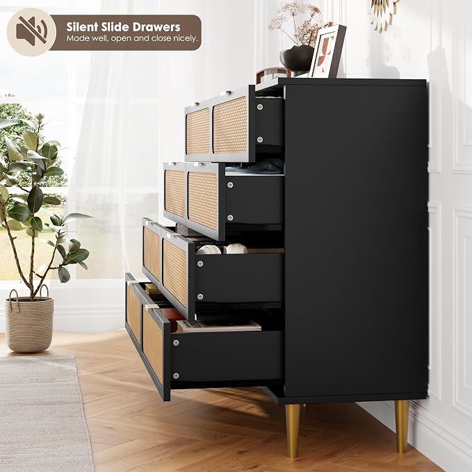 GarveeHome Rattan 8 Drawer Dressers for Bedroom, Deep Drawer, Black | Tall Dresser, Wide Top, for Living Room, Hallway, Kids Room, Large Chest of Drawers for Closet, Long Wooden Dresser