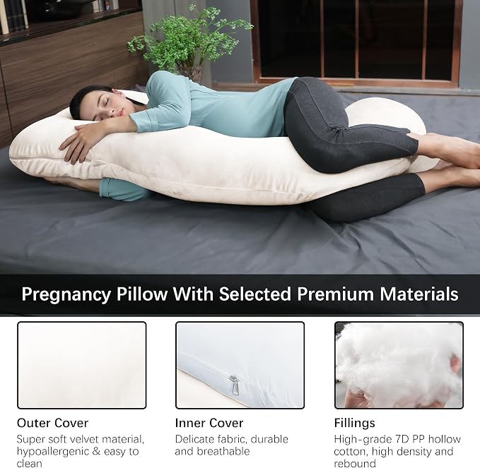 MOON PARK Pregnancy Pillows for Sleeping - U Shaped Full Body Maternity Pillow with Removable Cover - Support for Back, Legs, Belly, Hips - 57 Inch Pregnancy Pillow for Women - Ivory