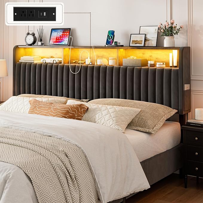 IKIFLY California King Storage Headboard Only, Adjustable Height, Black | Velvet Upholstered Cal King Head Board with LED Lights & Charging Station, Easy Assembly, Modern Freestanding Headboard