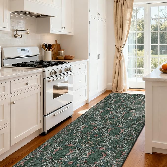 Washable 2' x 6' Runners for Hallways, Non Slip Long Floor Runner for Kitchen, Entryway Indoor, Stain Resistant Rubber Backing Floral Decor Rug (Green)