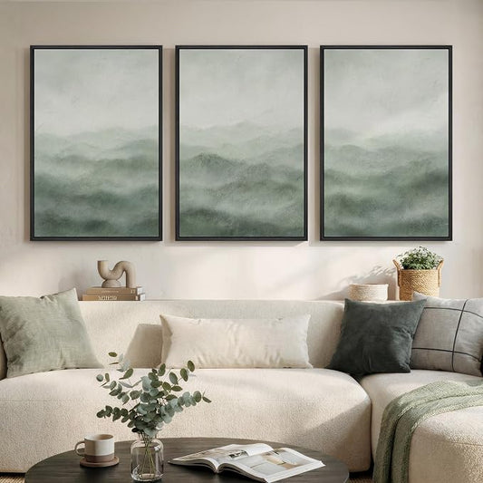 Large Framed Green Abstract Wall Art for Living Room, 3 Piece Set 24x36 In | Minimalist mountain landscape pictures, Canvas prints, Wood frame, Modern nature painting, Wall decor for bedroom dining room