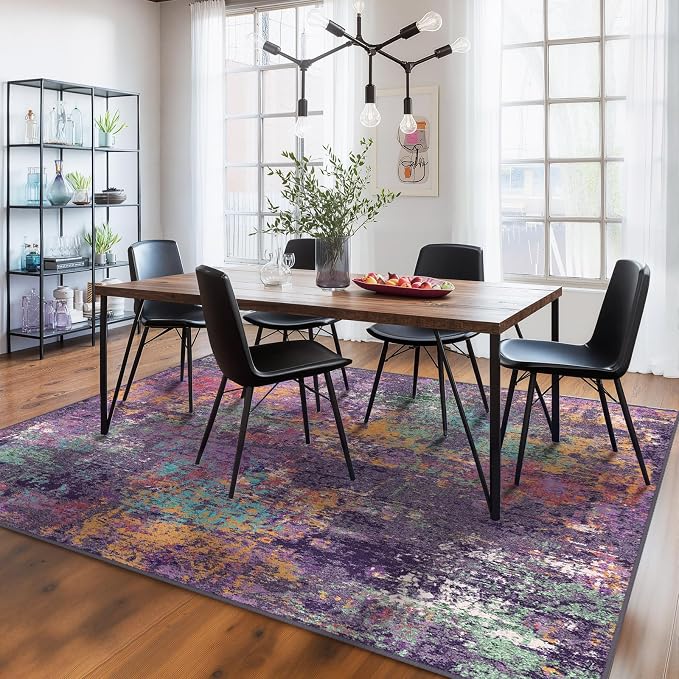 RELEANY Washable 9'x12' Abstract Area Rug for Living Room Purple Multi | Carpet for Bedroom, Kitchen, Office, Hallway and Entryway, Printed Pattern, Non‑Slip, Soft, Stain‑Resistant, Easy to Clean