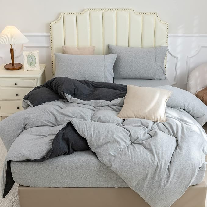 PURE ERA Jersey Knit Sheet Set Heather Charcoal Grey/Grey King | 100% Cotton, 3 Piece Set, T Shirt Soft, Breathable, Envelope Closure Pillowcases, Hidden Zipper, 8 Ties, No Insert, Modern