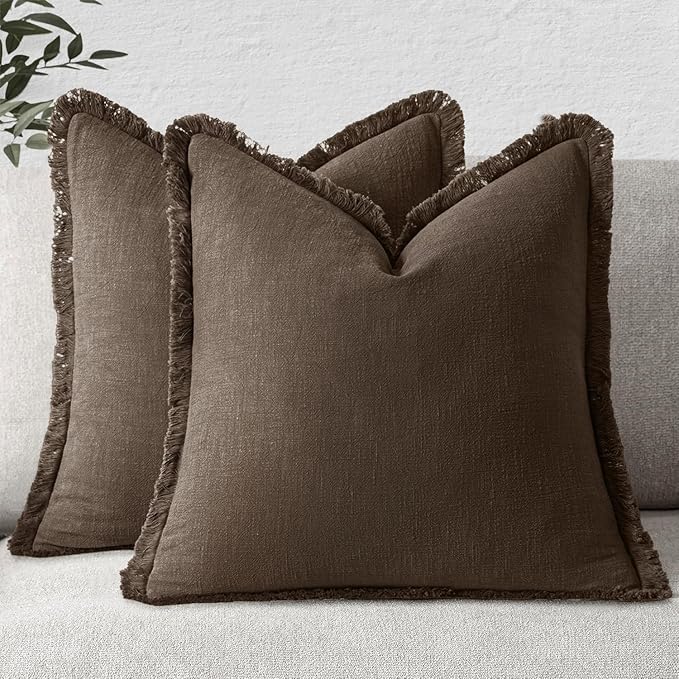 MIULEE Linen Fringe Decorative Fall Pillow Covers Chocolate Brown 26x26 | Set of 2, Cottagecore Decor, Boho Farmhouse Neutral Pillow Covers, Rustic Fall Couch Cushion Cases for Sofa Bed Living Room