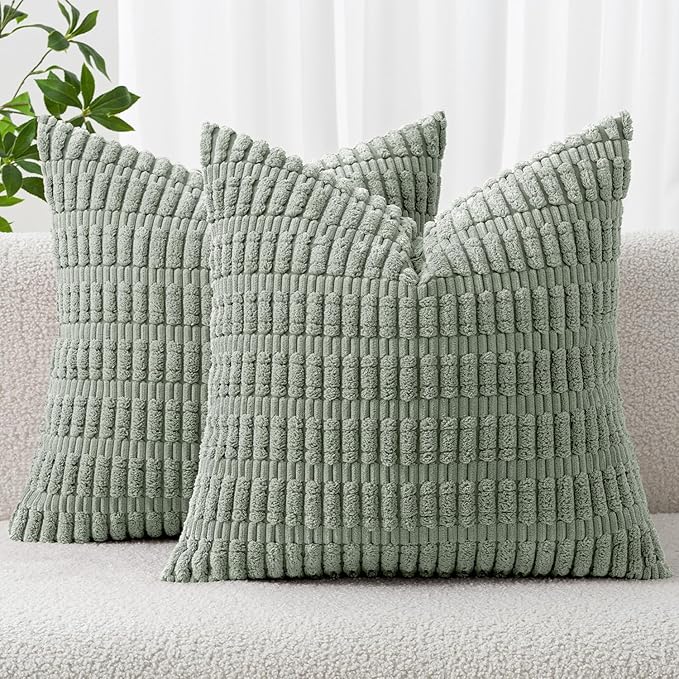 MIULEE Corduroy Decorative Throw Pillow Covers 20x20 Grey Green Pack of 2 | Soft Boho Striped Pillow Covers Modern Farmhouse Home Decor For Sofa Living Room Couch Bed
