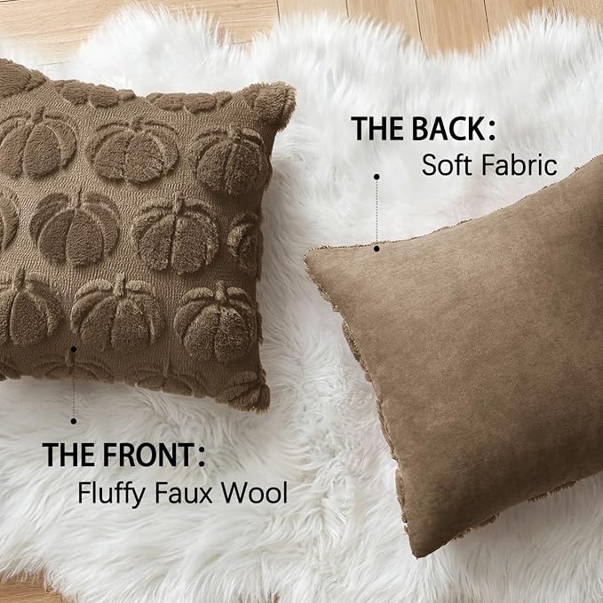 MIULEE Fall Pillow Covers Pumpkin Fall Decor 20x20 Coco Brown | Set of 2 Fall Decorations for Home, Plush Faux Fur Farmhouse Accent Pillowcases, Porch Sofa Couch Cushion Bed Livingroom