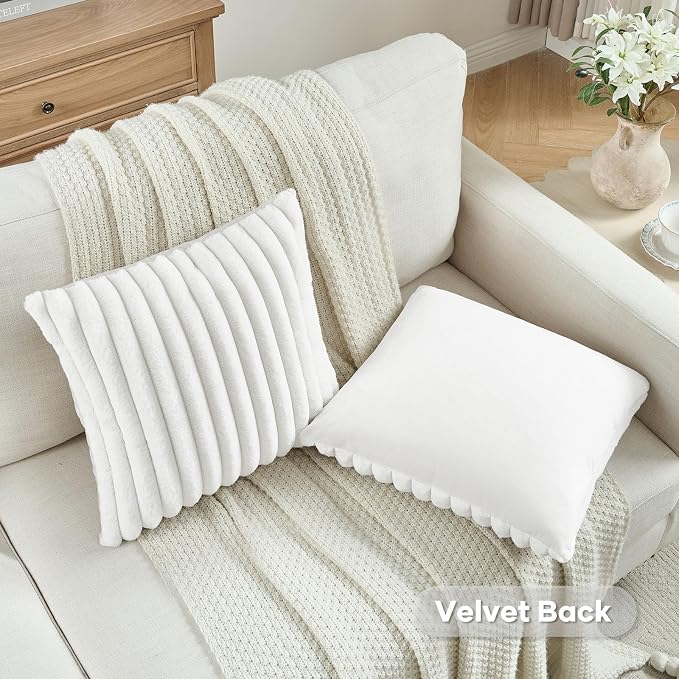 FUTEI Pack of 2 Faux Fur Throw Pillow Covers 16x16 Inch, White | Fluffy Faux Rabbit Fur Front/Premium Velvet Back,Hidden Zipper,Machine Washable,Non-Shedding,Colorfast,Insert Not Included.