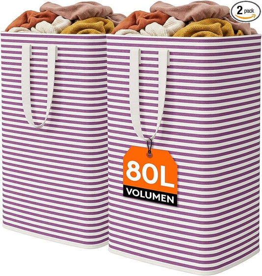 Lifewit 2 Pack Laundry Basket 80L Each, Collapsible Clothes Hamper with Reinforced Handles, Freestanding Waterproof Design for Bedroom and Laundry Room, Purple 160L Total