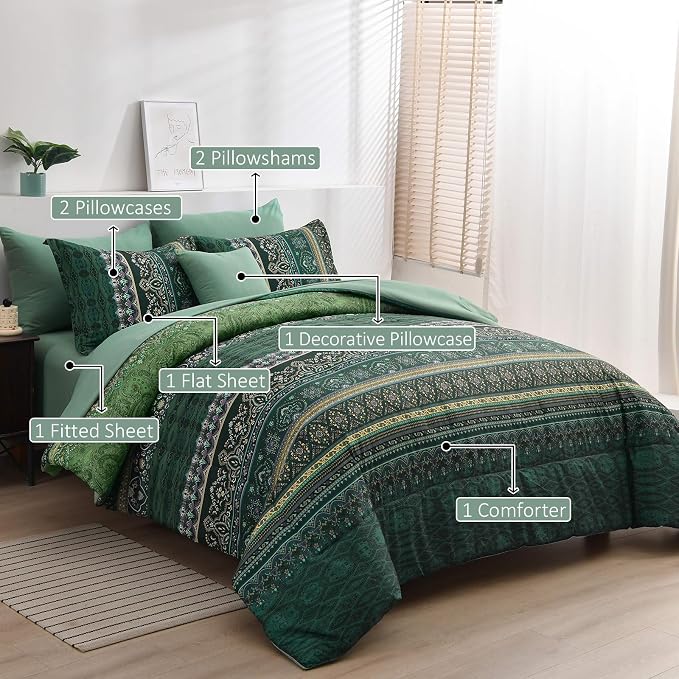 Boho Green Comforter Set King Size,8 Piece Bed in a Bag Bohemian Striped Bedding Quilt Set,Dark Green Paisley Floral Comforter and Sheet Set,Soft Microfiber Complete Bedding Sets for All Season