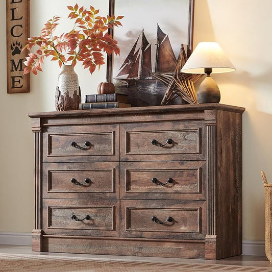 Aitjunz Farmhouse 47'' Wide 6 Drawer Dressers for Bedroom, Light Brown | Chests of Drawers w/Roman Columns, Horizontal Wooden TV Stand Dresser w/Metal Handle for Bedroom, Hallway, Living room