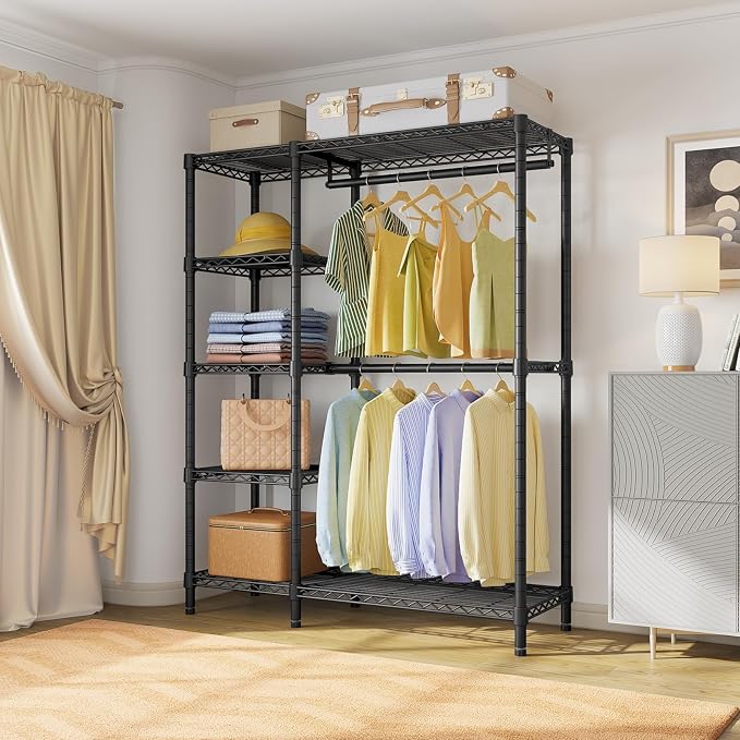 VIPEK V7 Clothes Rack with Shelves Heavy duty Closet for Hanging Clothes | 5 Tiers Adjustable Wire Shelving, Double Hanging Rods, 670lbs Metal Closet System, Space-Saving Storage for Home, Black