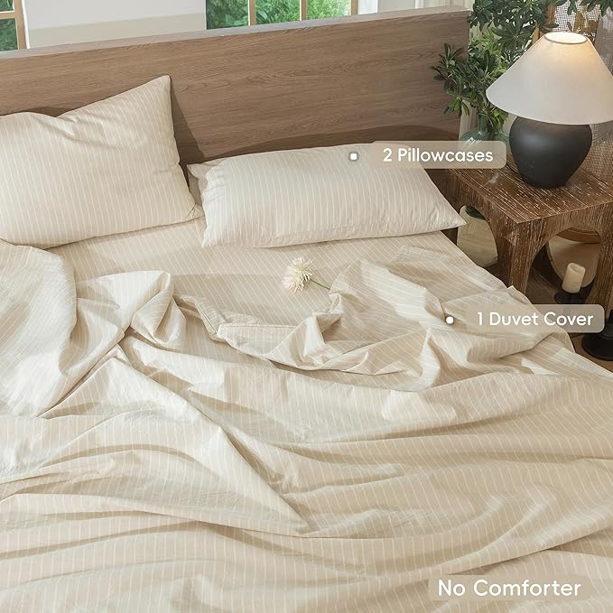 MooMee Striped Duvet Cover Set 100% Washed Cotton Linen Like | Relaxed Linen-like Texture. Soft, Breathable & Long-lasting Comfort. Lightweight. Hidden Zipper with 8 Interior Corner Ties