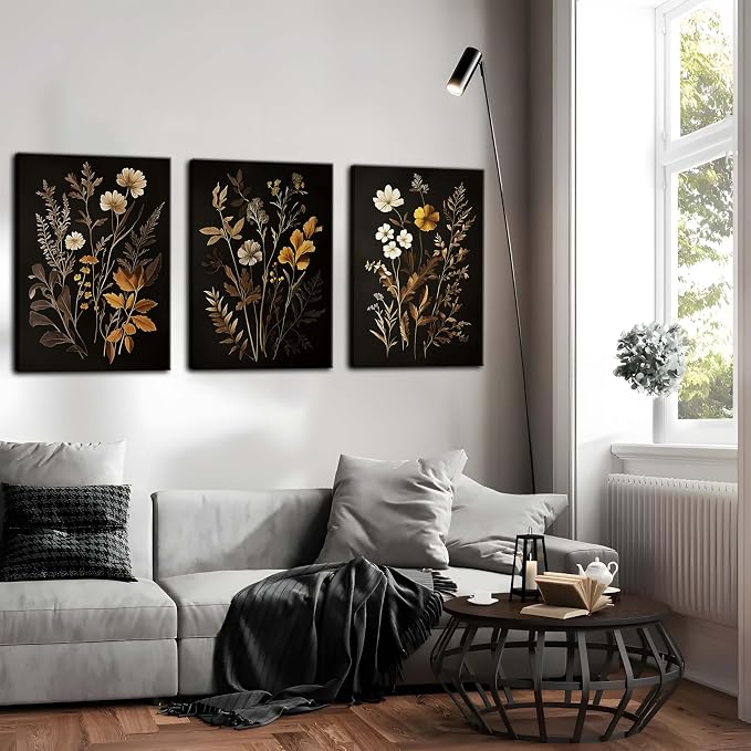 Vintage Black Flower Wall Art Decor Set of 3, Beautiful Wildflower Botanical Canvas Prints, Dark Academia Fall Floral Poster Painting Picture for Bedroom Living Room 16x24 Inch Framed