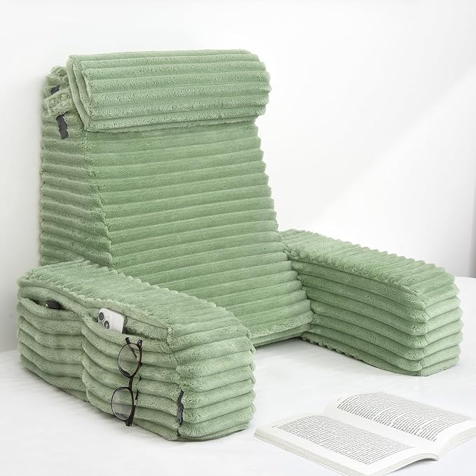ENITYA 22" XL Back Pillow for Bed Sitting Up with Armrests & Big Pockets | Supportive Reading Pillow with Dual-Layer Foam Design, Ideal for Bedroom, Living Room, Dorm, Modern Style, Sage Green
