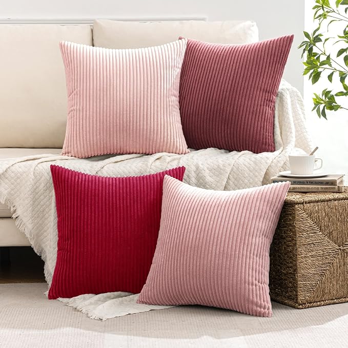 MIULEE Soft Corduroy Decorative Throw Pillow Covers Pink Series 20x20 | Set of 4, Shabby Chic Romantic Decor, Warm Red Pink Palette, Boho Farmhouse Cushion Covers for Couch Bed Sofa Living Room