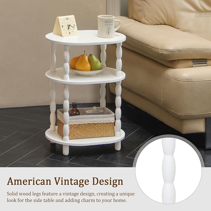 MaxSmeo White Side Table with Charging Station, 3-Tier Small Oval End Table with USB Ports and Outlets, Modern Night Stand Wood Accent Table for Living Room, Bedroom, White