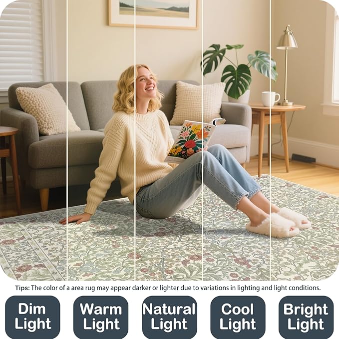 Vintage Light Green Living Room Rug, 5x7 Washable Area Rugs for Dining Room Under Table, Soft Low Pile Large Carpet Bedroom, Non-Slip Boho Floral (5 x 7 Light Green)