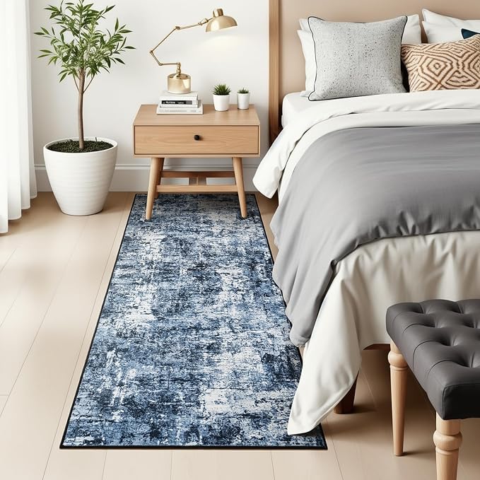 Rugflix 2x8 Runner Rug for Hallway, Washable Navy Blue Kitchen Runners | Machine Washable; Stain-Resistant; Low Pile; Non-Slip; Modern Abstract; Black Carpet for Bedroom Bathroom Laundry