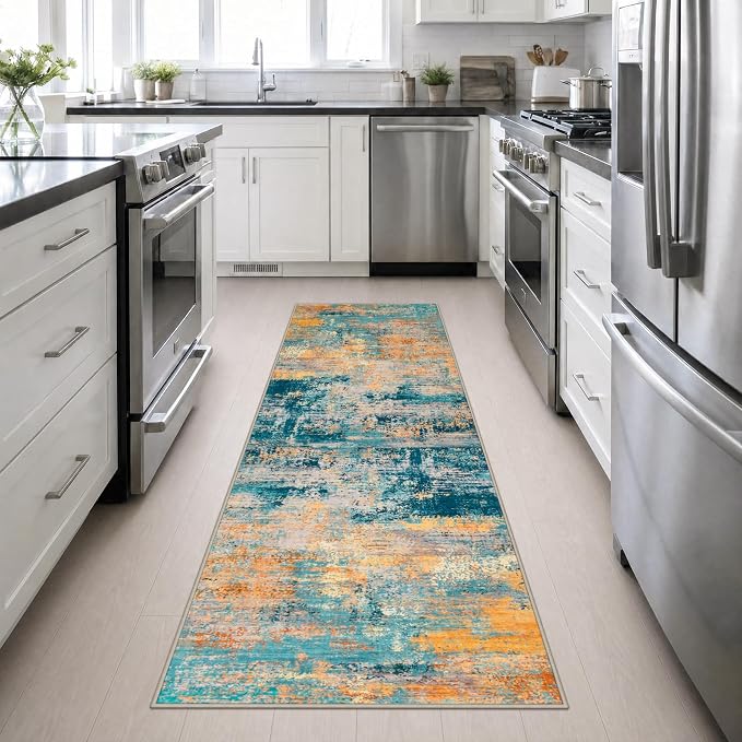 2.6x10 Washable Runner Rug:Modern Abstract Soft Carpet Rosy Haze | For Hallway, Bedroom, Kitchen, Laundry, Bathroom,Door Mat,Modern Abstract,Machine washable,Non-Slip,Stain Resistant,Indoor