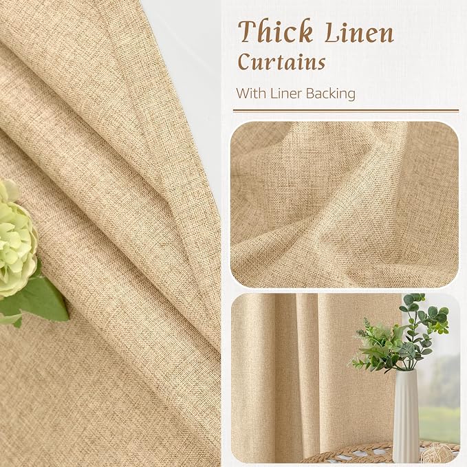 100% Blackout Linen Curtains 63 Inches Long 2 Panels, 60 x 63 Inch | Thermal Insulated, Living Room, Burlap, Bedroom Curtains, Full Room Darkening Panels, Rod Pocket Back Tab, with White Liner