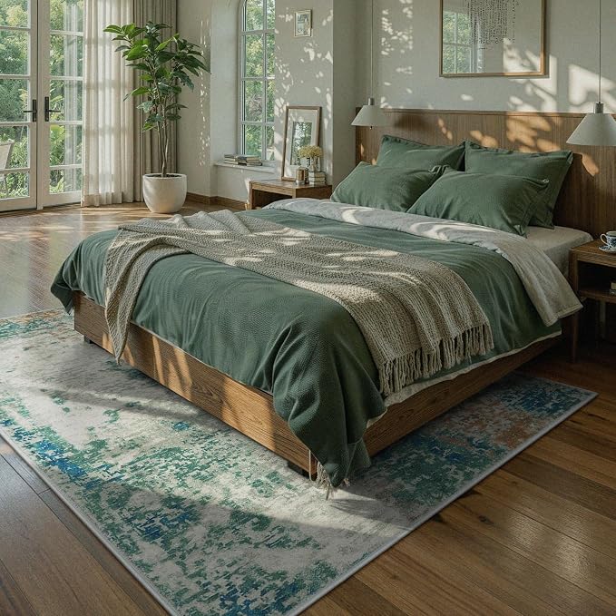 Lahome Modern Abstract Area Rug 5x7 Rugs for Living Room, Washable Accent Bedroom Rug Non-Slip Non Skid, Indoor Floor Contemporary Carpet for Kitchen Bathroom Laundry,Green/Grey