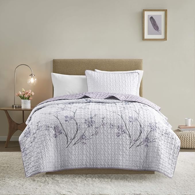 Comfort Spaces Bedspread Coverlet Set, Twin/Twin XL, 2 Piece, Grey/Purple | All Season, Microfiber, Classic Layered Look for Any Bed, Floral Pattern, Reversible, Lightweight, OEKO-TEX Certified