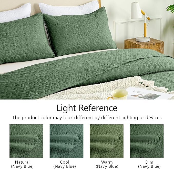 FLYMME Olive Green Twin Quilt Bedding Set Thin Lightweight Bedspreads,Modern Style Geometric Weave Stripe Pattern,Soft Microfiber Bed Coverlet for All Season (1 Quilt, 1Sham)