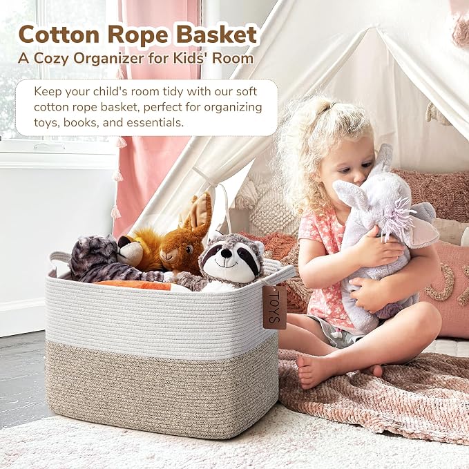 Goodpick 50L Large Woven Rope Storage Basket, Rectangle, Light Brown | 18" × 14" × 12" Stylish Gift Baskets for Living Room & Bedroom Organization, Cotton Rope Basket for Blanket & Toy Storage