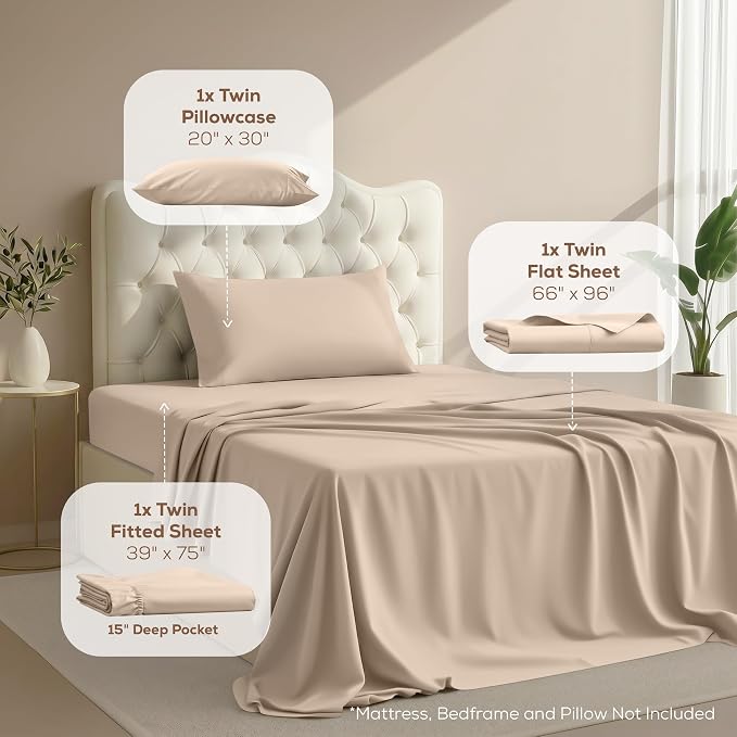Twin Sheets Set, 3 Pieces 16" Deep Pocket Hotel Luxury Bed Sheets, Beige | Extra Soft Bedsheet Set, Comfy & Breathable Cooling Sheets, Wrinkle & Fade Resistant, Fitted Sheet, Flat Sheet, 1 Pillowcase