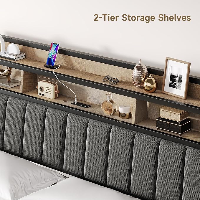 ComfyCorner King Size Headboard with Storage & LED Light, Black & Brown | Upholstered Ergonomic Head Board with Power Outlets & 2-Tier Storage, King Headboard Only, Bed Frame Mounting, Heavy Duty