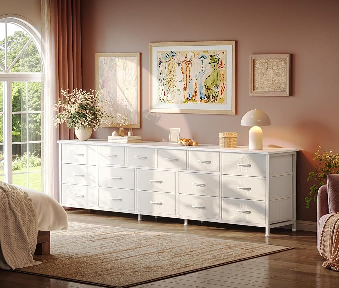 Huuger 77.6" Long Dresser for Bedroom, 16 Drawer Fabric Dresser for Closet, Wide Chest of Drawers with Storage, TV Stand for 65, 75, 85 Inch TV, 77.6" W x 13" D x 26.4" H, White