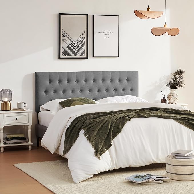 Upholstered Headboard California King, Adjustable Height 37''- 51'', Gray | Sturdy Durable Solid Wood Bed Headboard, Tufted Fabric California King Headboard, Modern Button Diamond Design Head Board