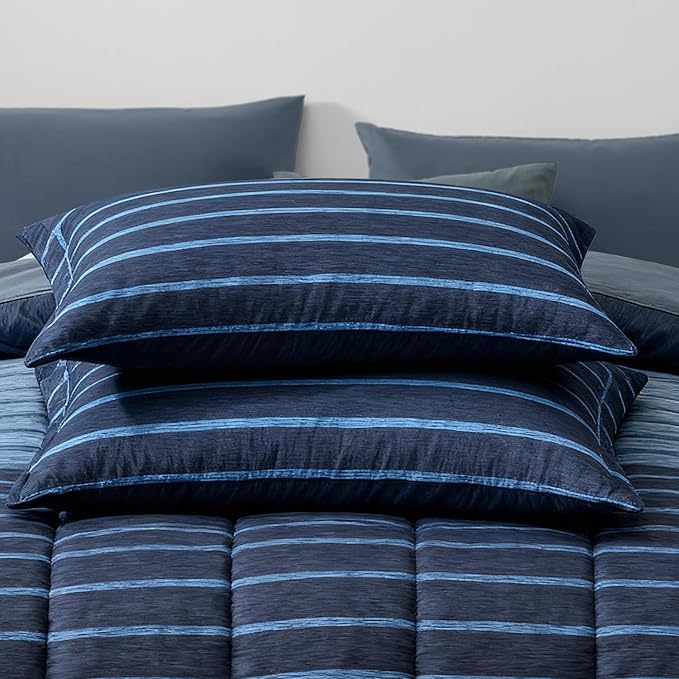 Monbix King Size Comforter Set, 7 Pieces Soft Bed in a Bag King Bedding Set | All Season Navy Blue Striped Reversible Comforter with Sheets, Pillowcases & Shams