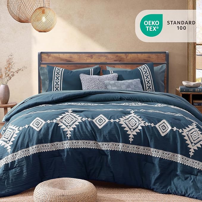 MaiRêve Embroidery King Size Comforter Set 7 Pieces Navy Blue Bed in a Bag | Western Boho Farmhouse Bedding Sets with Comforter, Sheets, Pillowcases & Shams