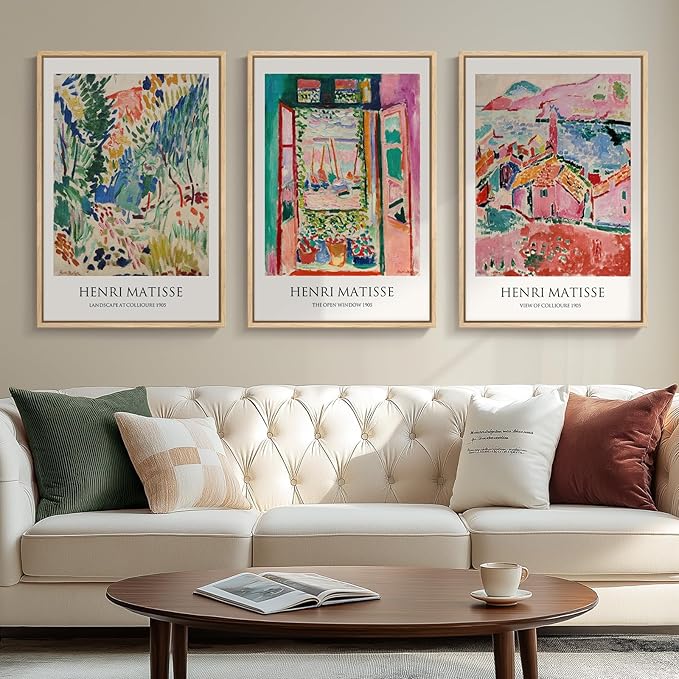 Framed Matisse Wall Art, 3 Piece Large Canvas Abstract Art Prints for Living Room, Henri Matisse Famous Landscape Painting Picture - Total Size 30x60