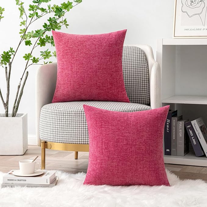 MIULEE Soft Chenille Throw Pillow Covers Hot Pink 20x20 Inch Pack of 2 | Modern Home Decor, Classic Decorative Pillows, Solid Dyed Cases, Boho Couch Cushion Covers for Sofa Bed Living Room