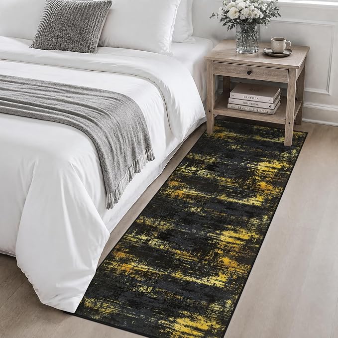 2x6 Washable Runner Rug：Modern Abstract Soft Carpet Black Gold | For Hallway, Bedroom, Kitchen, Laundry, Bathroom,Door Mat,Modern Abstract,Machine washable,Non-Slip,Stain Resistant,Indoor