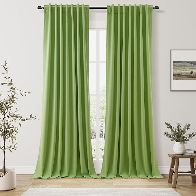 Lime Green 100% Blackout Linen Curtains 108 Inch Length 2 Panels Set for Living Room Bedroom Back Tab/Rod Pocket Thermal Insulated Farmhouse Black Out Drapes Room Darkening,52x108
