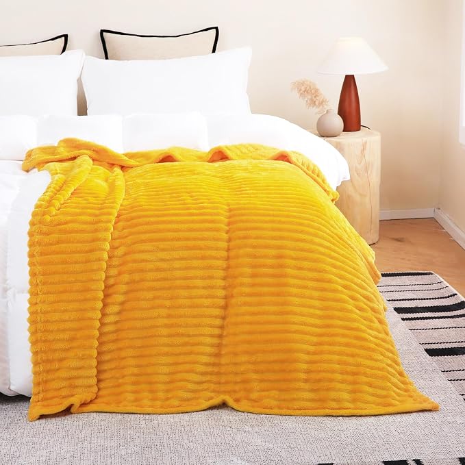 Gold Fleece Throw Blanket 50”×70” for Couch Sofa Livingroom | Super Soft Cozy Plush Microfiber Flannel Bed Blanket Striped Design Lightweight Home Decor Gifts for Adults Mom Women