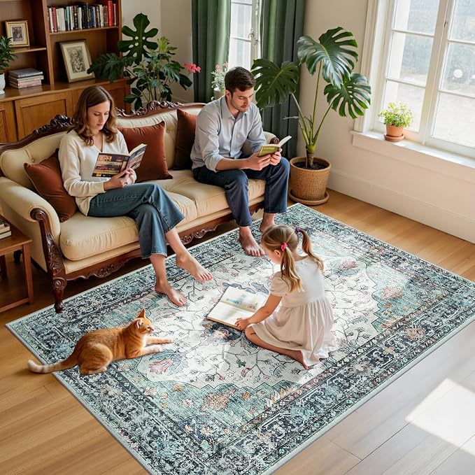 RELEANY Washable Area Rug, 5'x7', Teal Green/White/Navy | Non-Slip, Water Repellent, Pet Friendly, Easy to Clean, Vintage Floral Boho Decor for Living Room Bedroom Dining Room Office