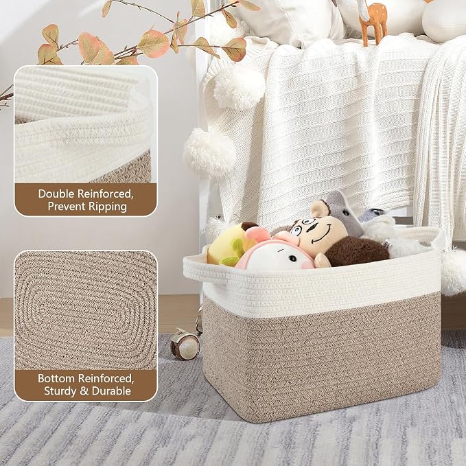 OIASKET Storage Basket for Organizing, Woven Baskets for Storage, Rectangle Decorative Baskets for Shleves, Closet, Toys, Books, Nursery Organizer Bins - Pack of 3 (Brown & White, 13"x9.85"x8.7")