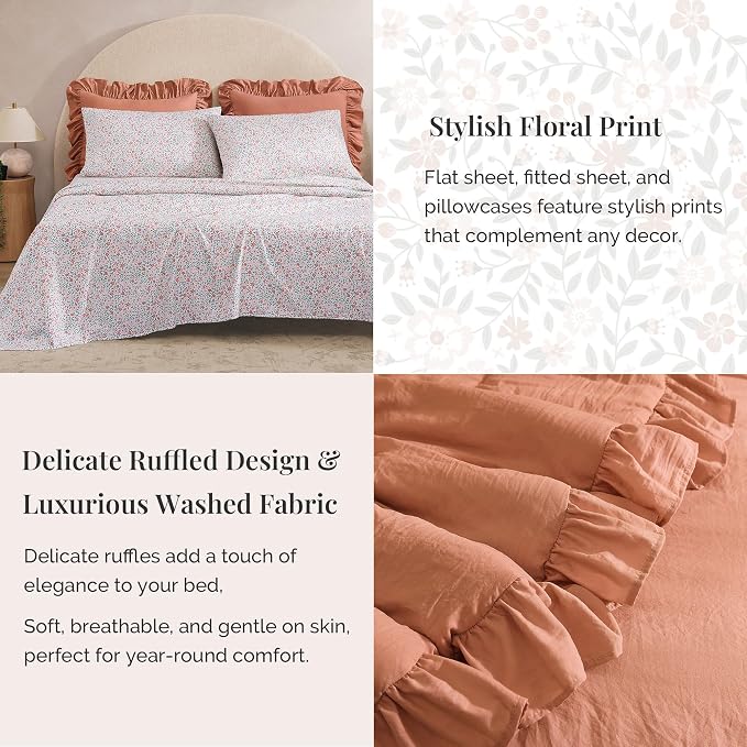 Queen Comforter Set-7 Pieces Ruffle Bedding with Floral Sheet | Autumn Leaf Bed in a Bag, Soft Lightweight All Season Farmhouse Queen Bedding Sets with Floral Sheets, Pillowcases & Shams